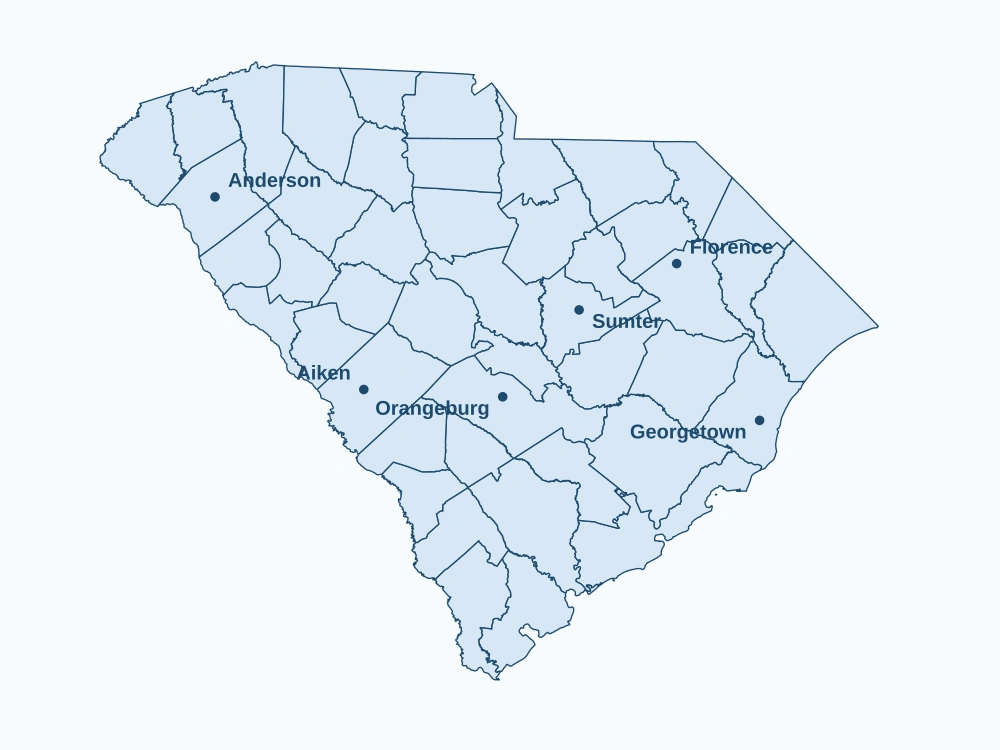 South Carolina state outline with major city labels